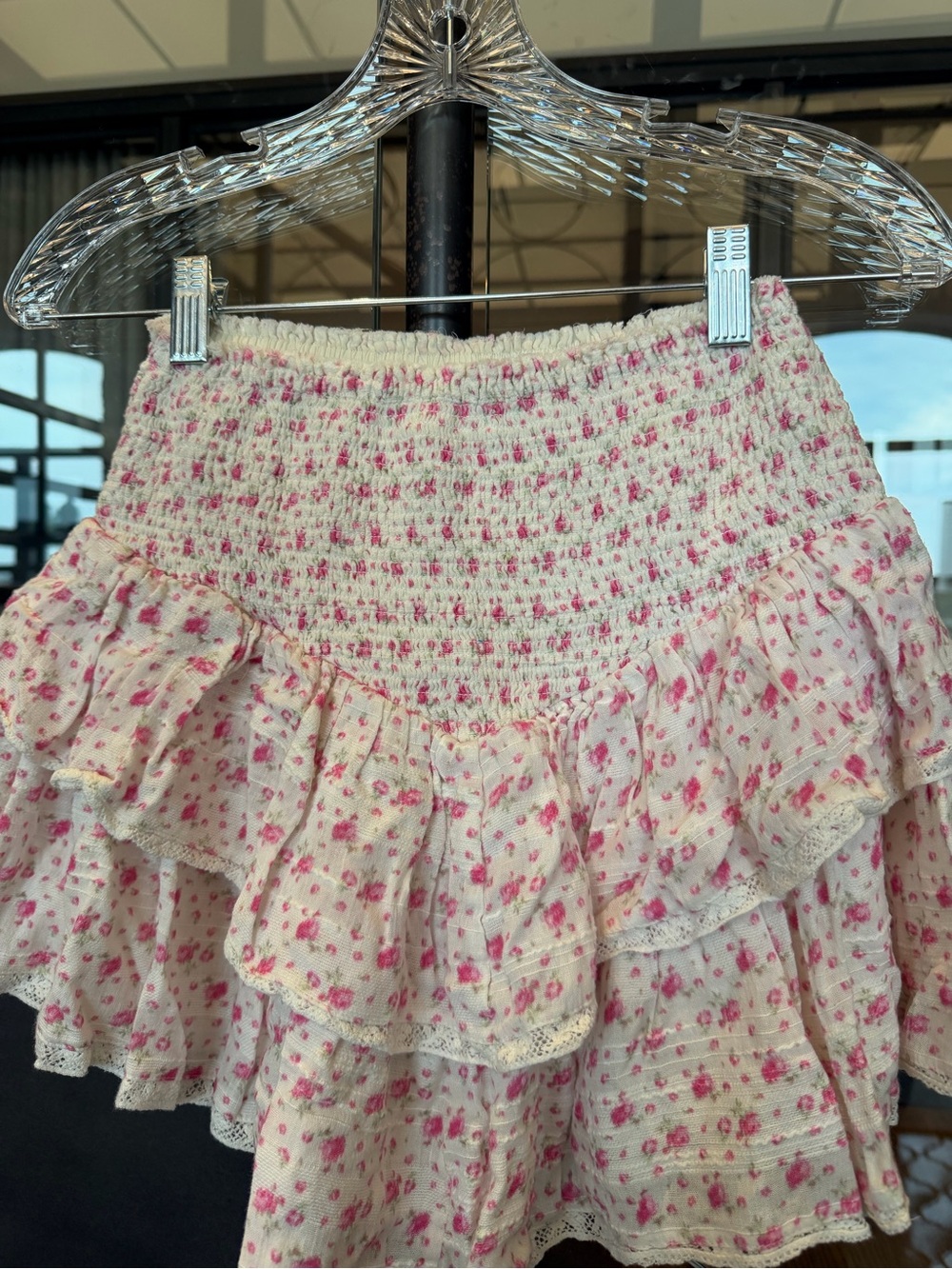 LoveShackFancy Cream Mini Ruffle Skirt with Pink Florals